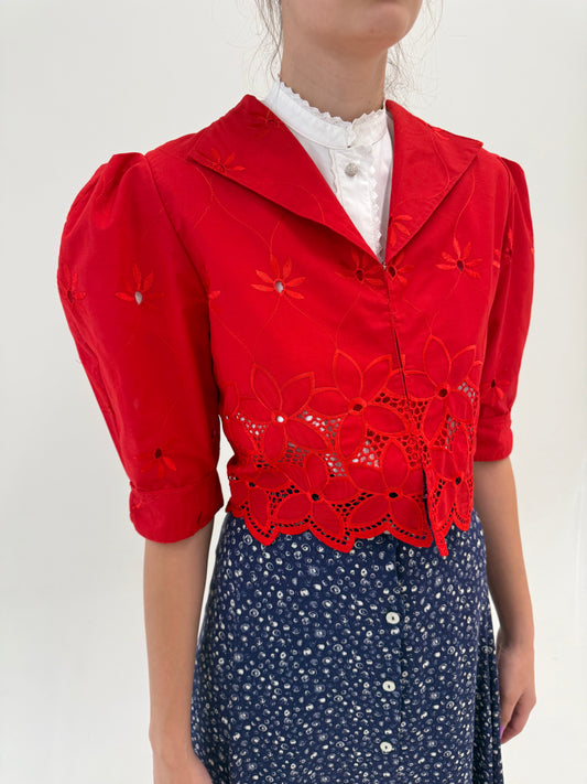 Sacou vintage cu broderie anglaise superba cherry red cu umeri bufanți