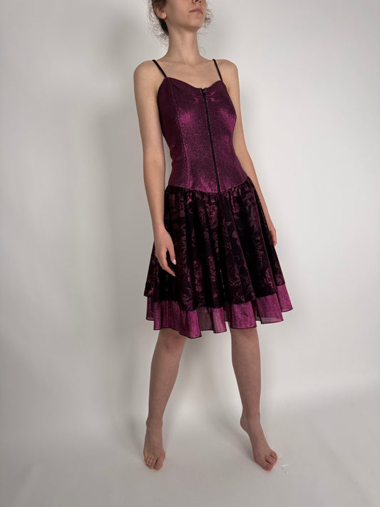 Rochie vintage din lurex fucsia cu corset și spate elastic