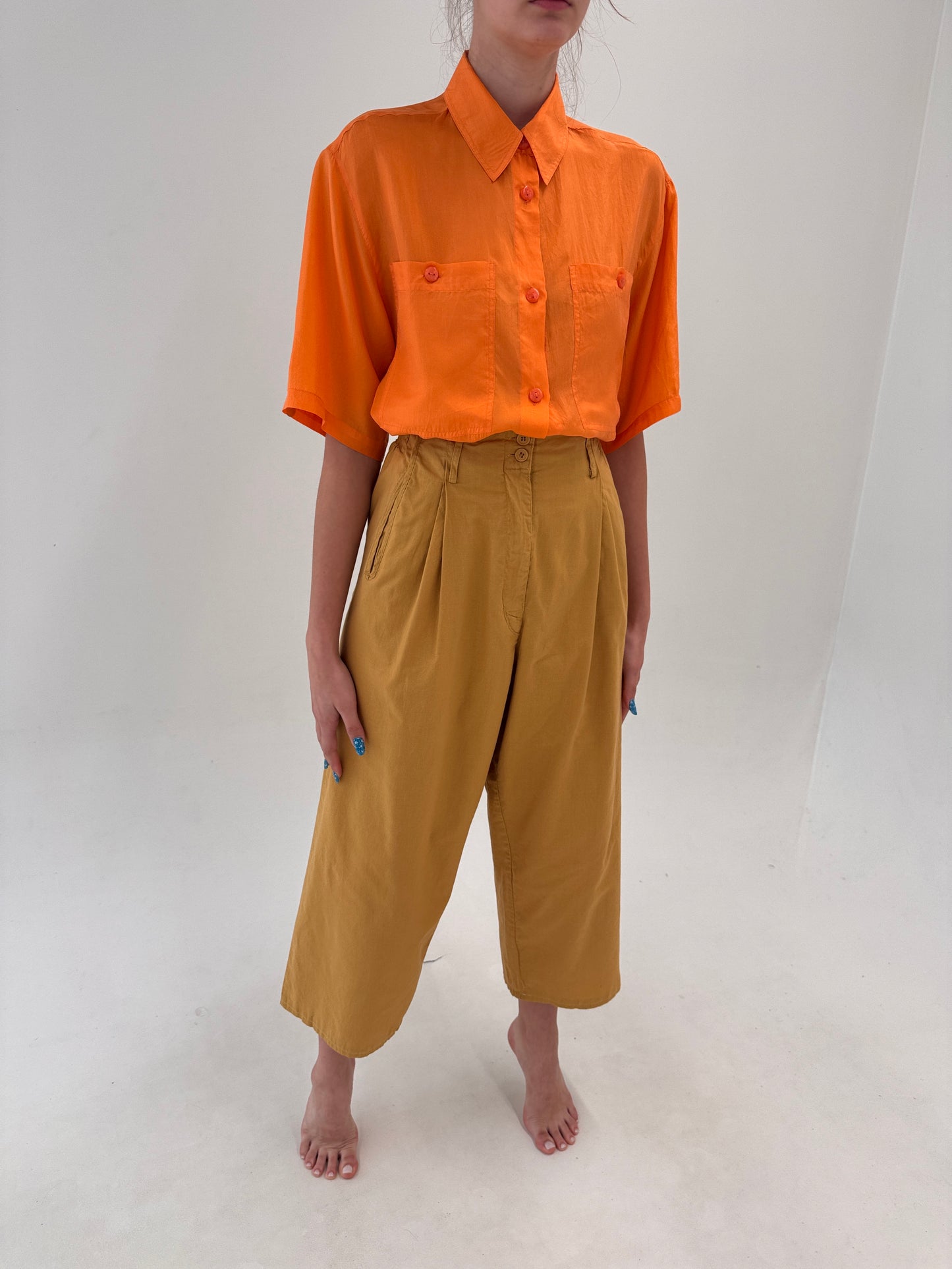 Costum camel vintage din canvas moale de bumbac cu pantaloni palazzo