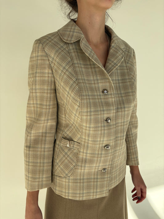 Sacou old vintage anii 70 din lana pura certificată în nuanțe de nude și baby blue