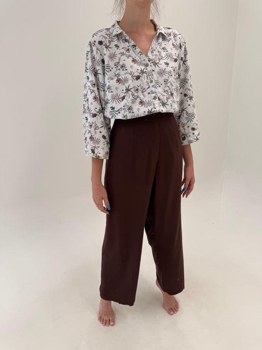 Pantaloni tall chocolate brown din pânză cu talie ultra înaltă