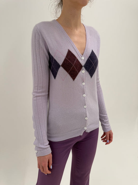 Cardigan lavandă din cașmir high end cu romburi