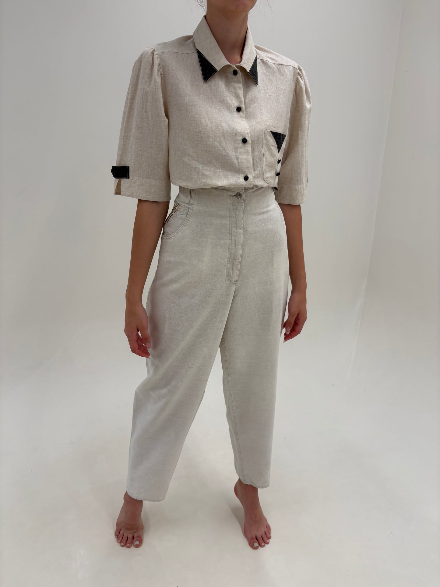 Pantaloni vintage tall din pânză grea de in și bumbac cu talie ultra înaltă