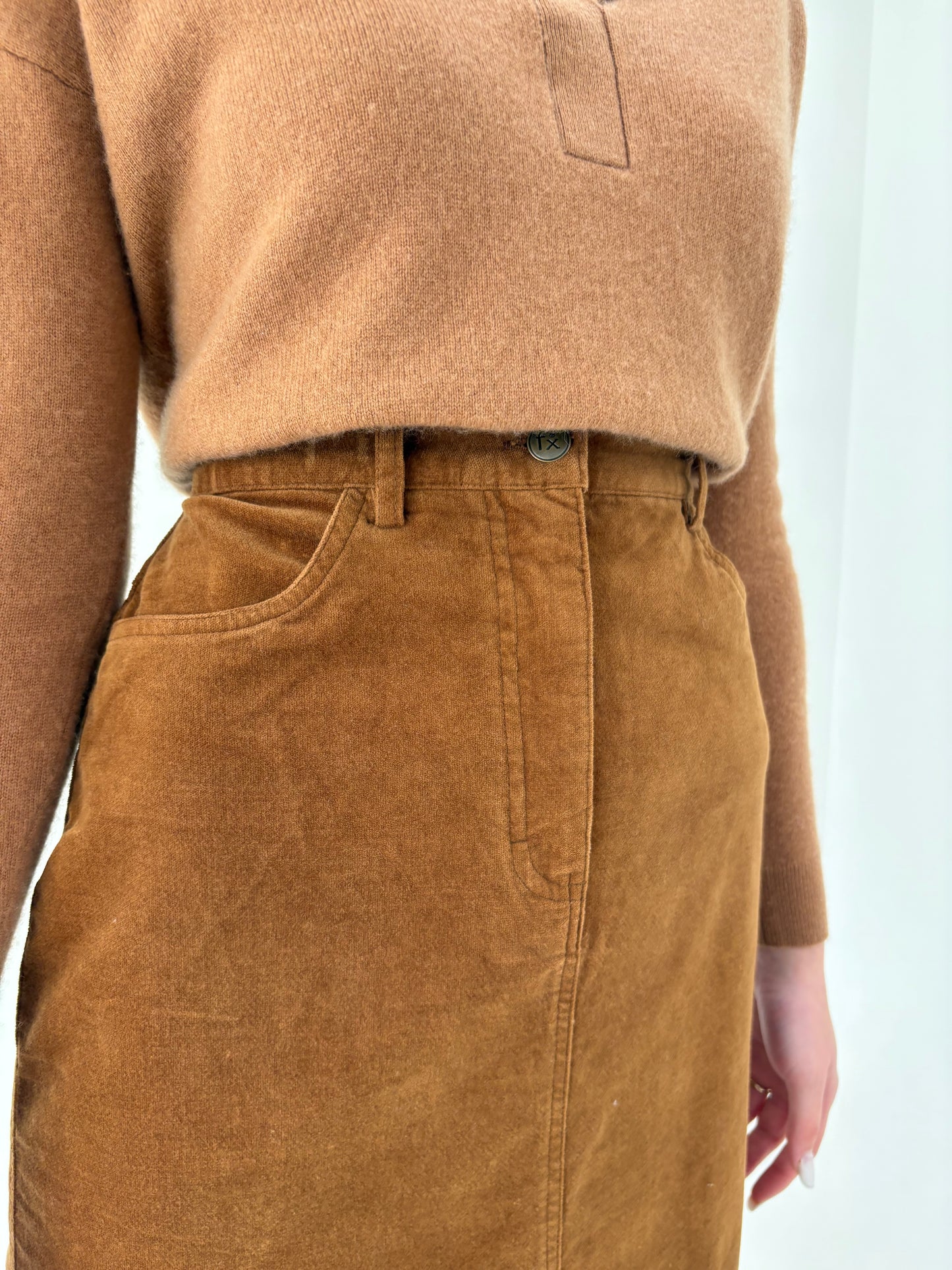 Fustă caramel brown maxi cu talie uktra înaltă din catifea confort