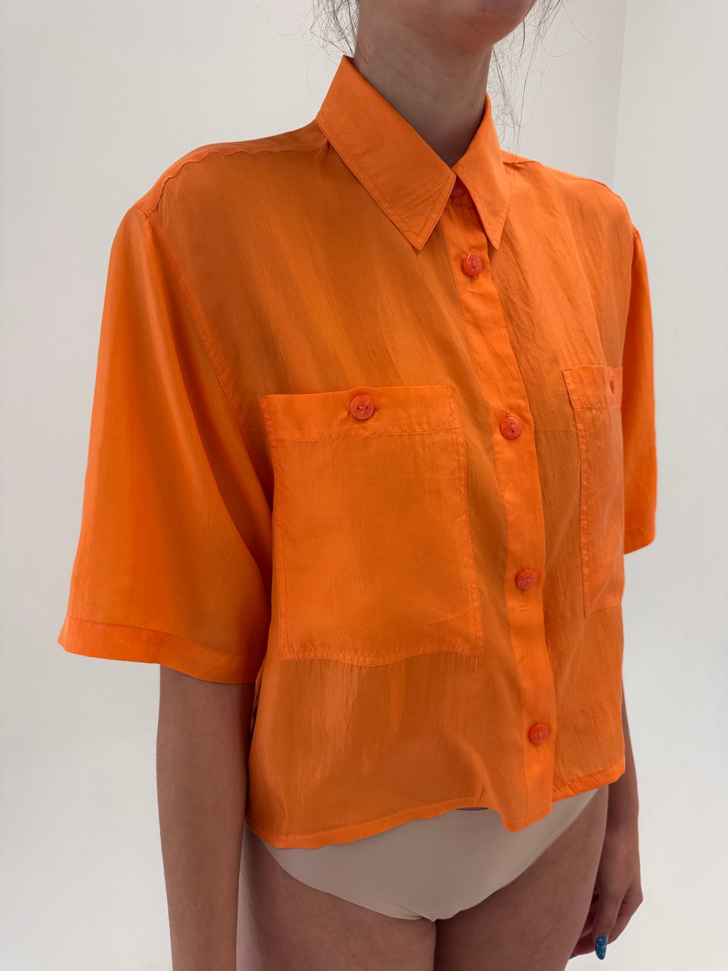 Cămașa vintage oranj superb din mătase naturală în croi oversized