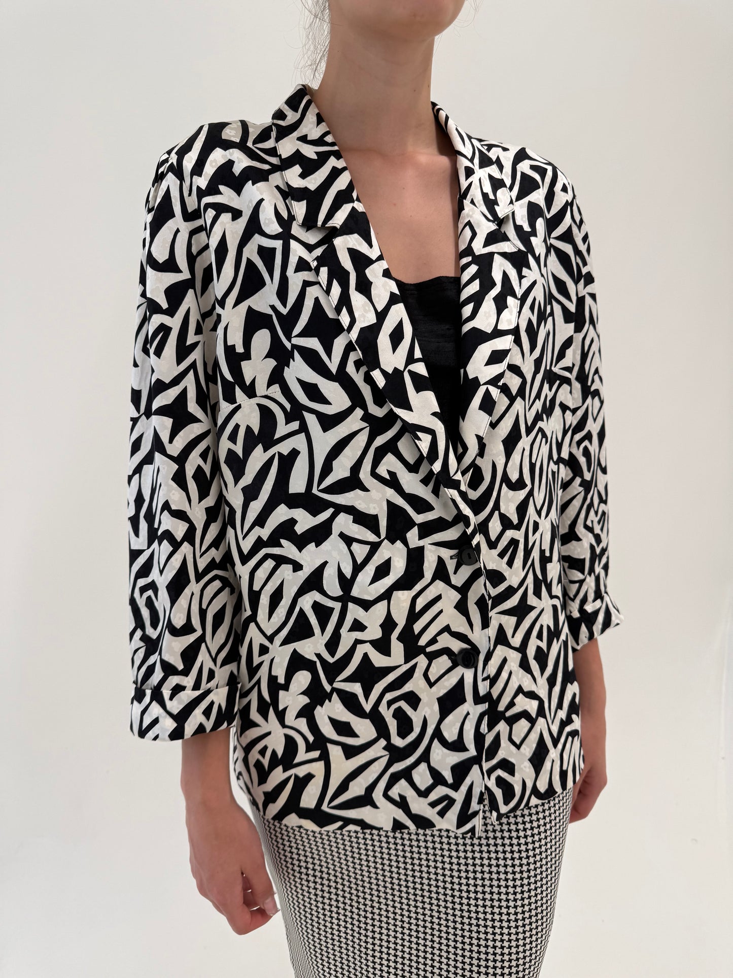 Sacou vintage din mătase naturală cu print alb negru