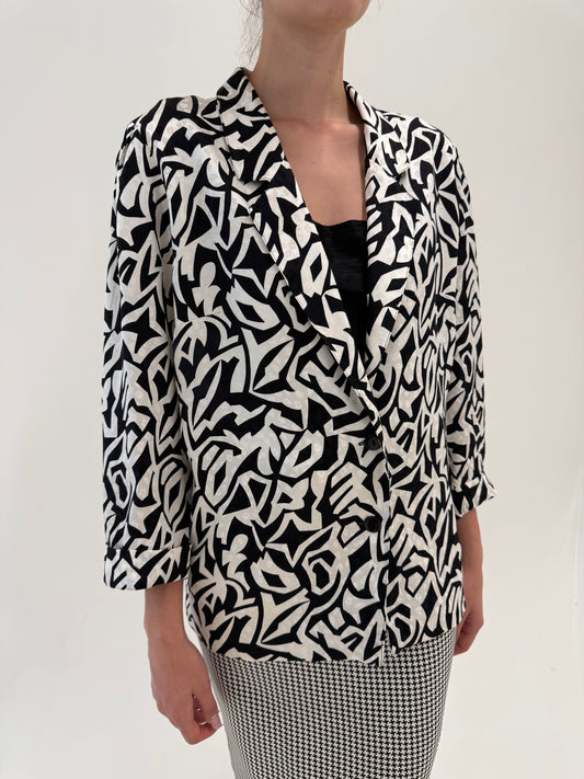 Sacou vintage din mătase naturală cu print alb negru