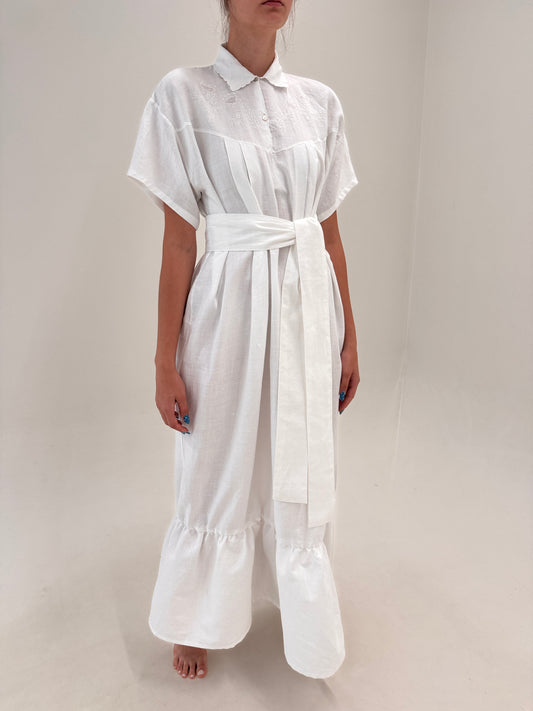 Rochie vintage maxi bijuterie din pânză excepțională de in cu broderie manuală