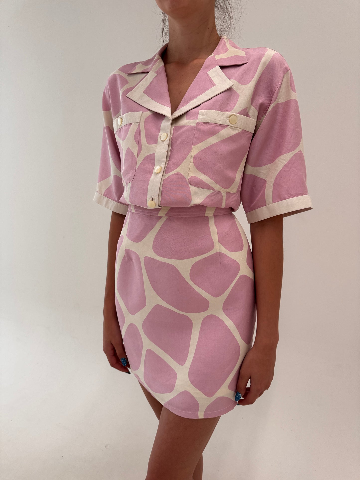 Costum Valentino vintage din pânză de mătase naturală cu print powder Pink