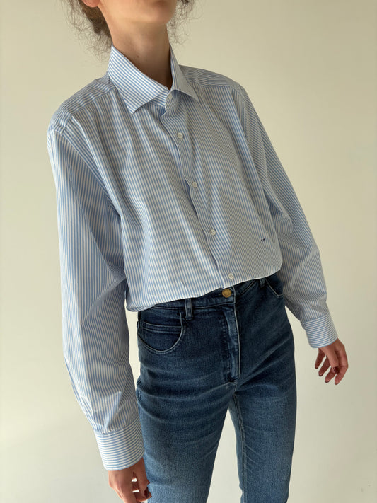Cămașa super premium italiană în dungi baby blue din poplin excepțional