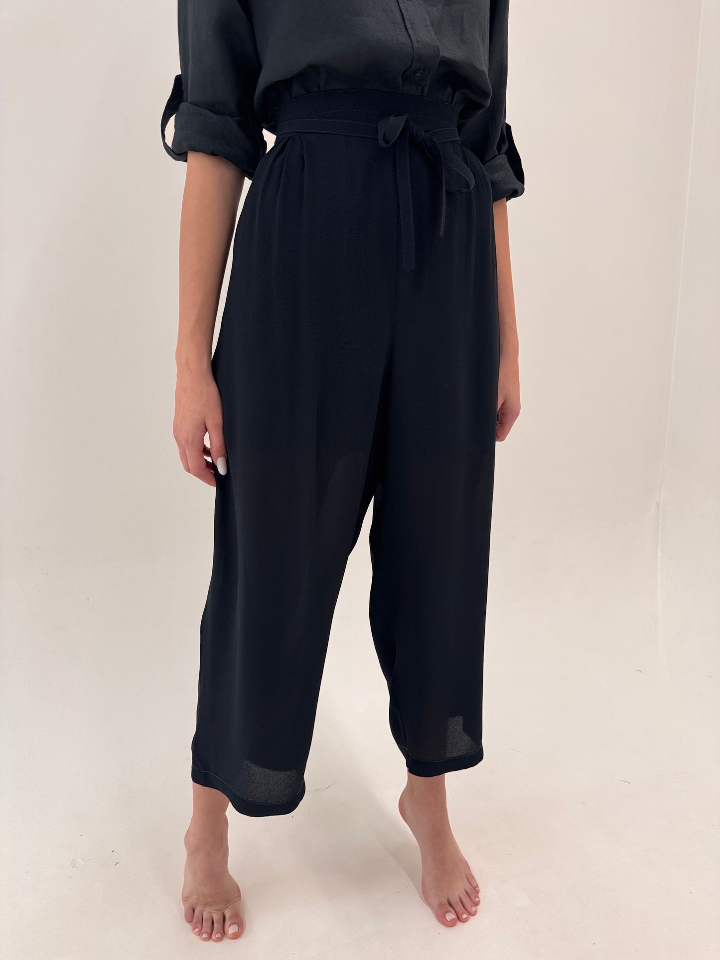 Pantaloni plus size super vaporoși negru da vară cu talie ultra înaltă