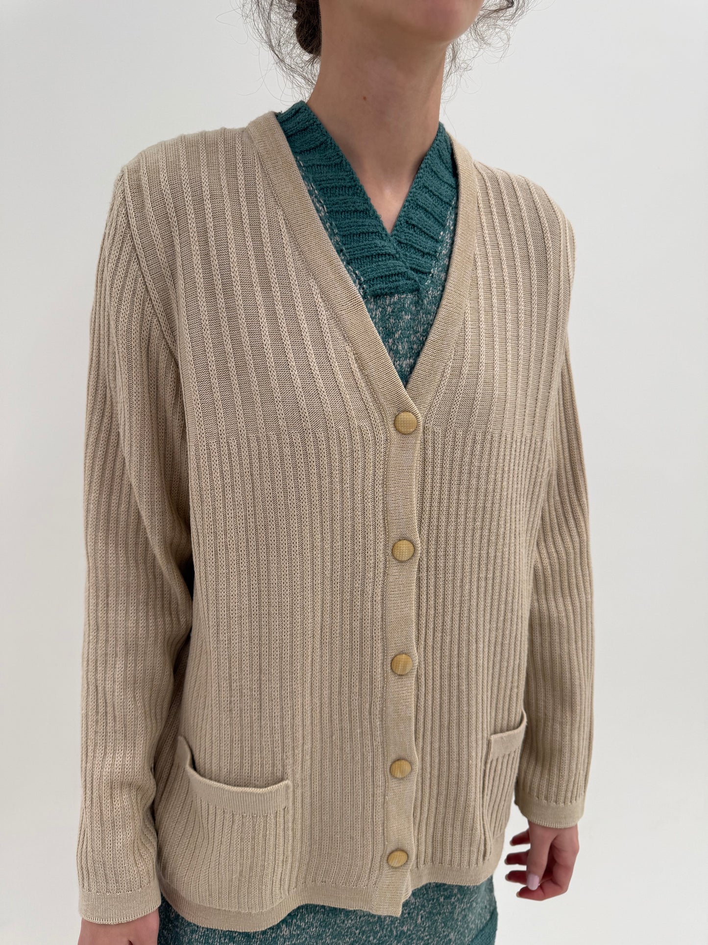 Cardigan vintage light nude din lana extrafina cu bumbac