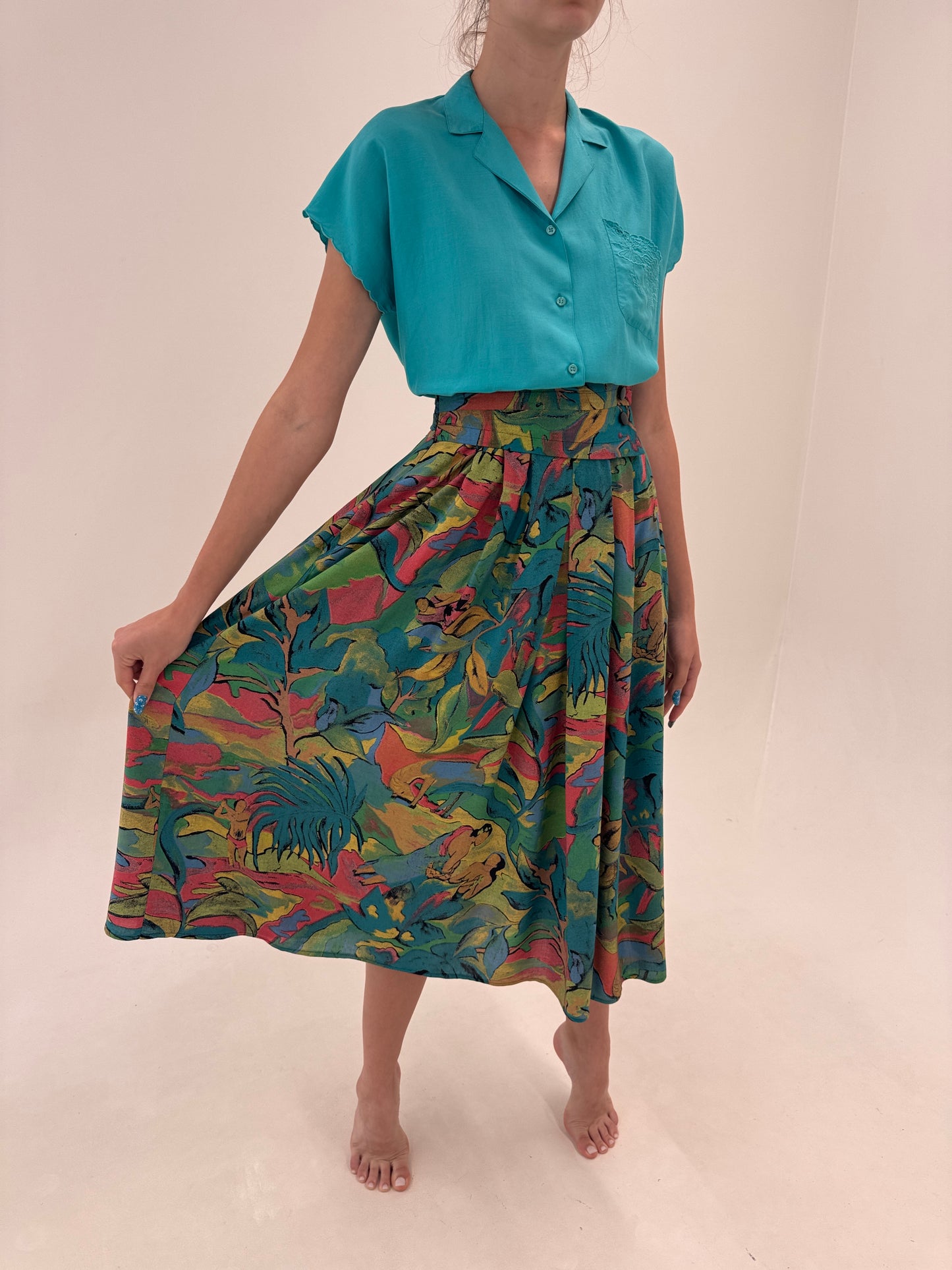 Fusta vintage maxi în culori superbe și print organic cu buzunare