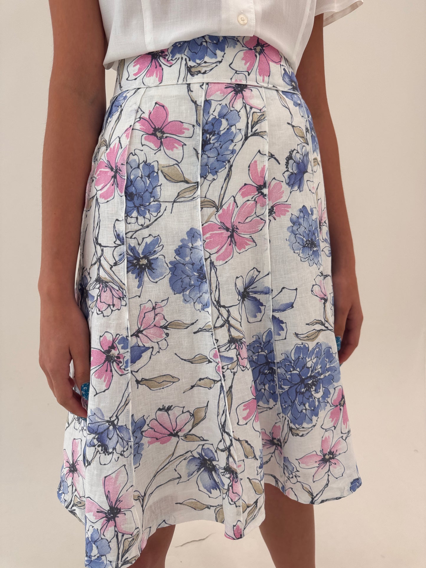 Fustă din in premium cu print floral în culori pudrate și clini