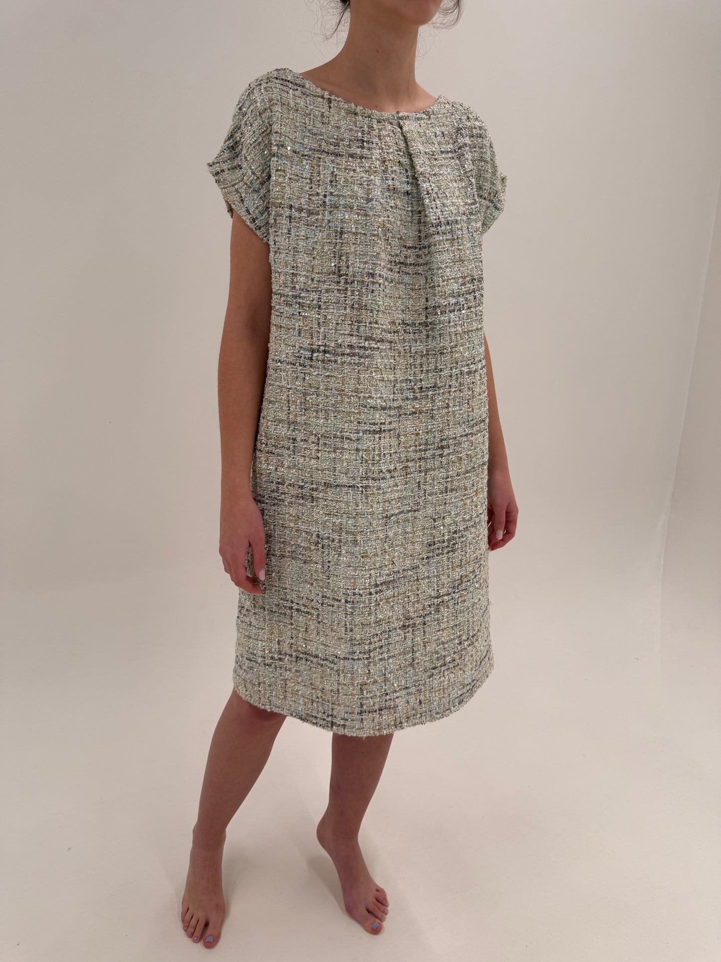 Rochie baby blue în stil Chanel din tweed prețios în croi lejer