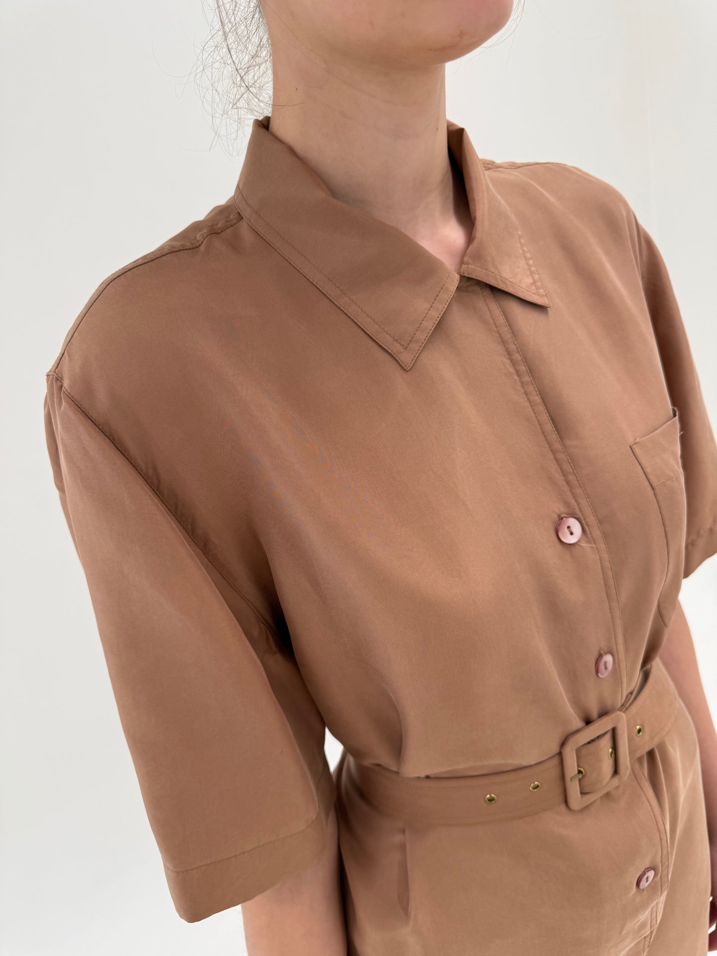 Rochie din mătase natural cafe au lait cu talie ultra înaltă reglabilă