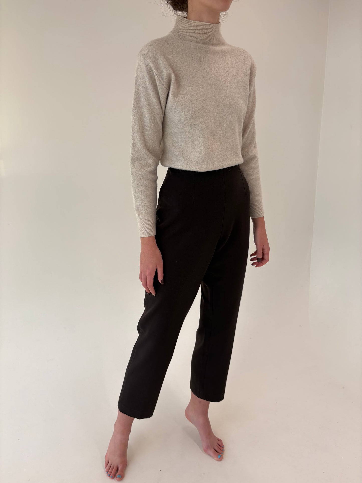 Pantaloni cu talie ultra înaltă dark chocolate brown din mix de lana strech