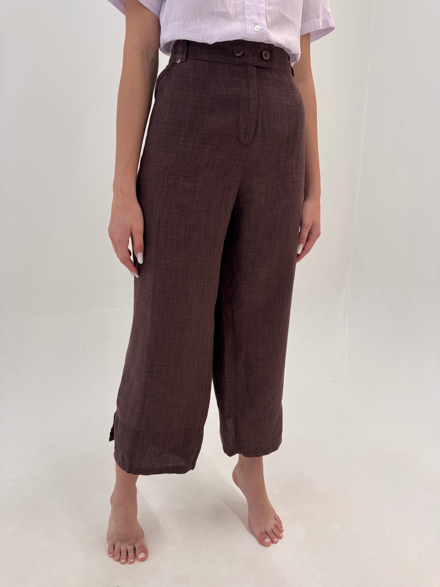 Pantaloni din in chocolate brown petite in croi drept plus size