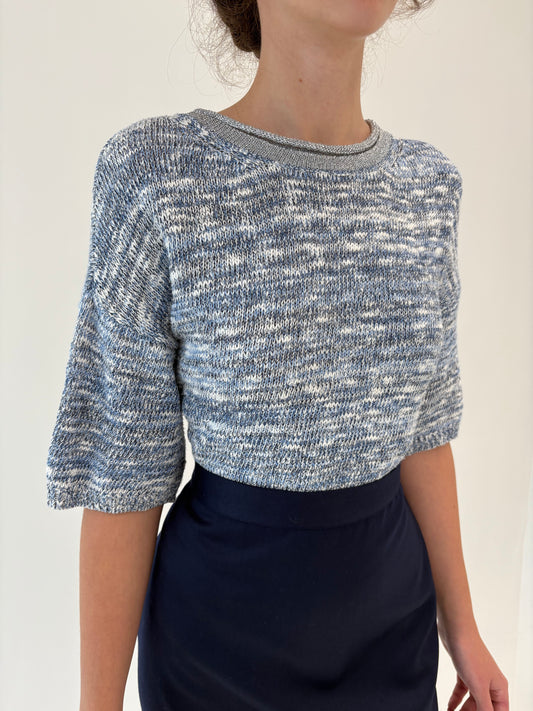 Top italian în nuanțe de albastru și off white din jerse de gramaj mare