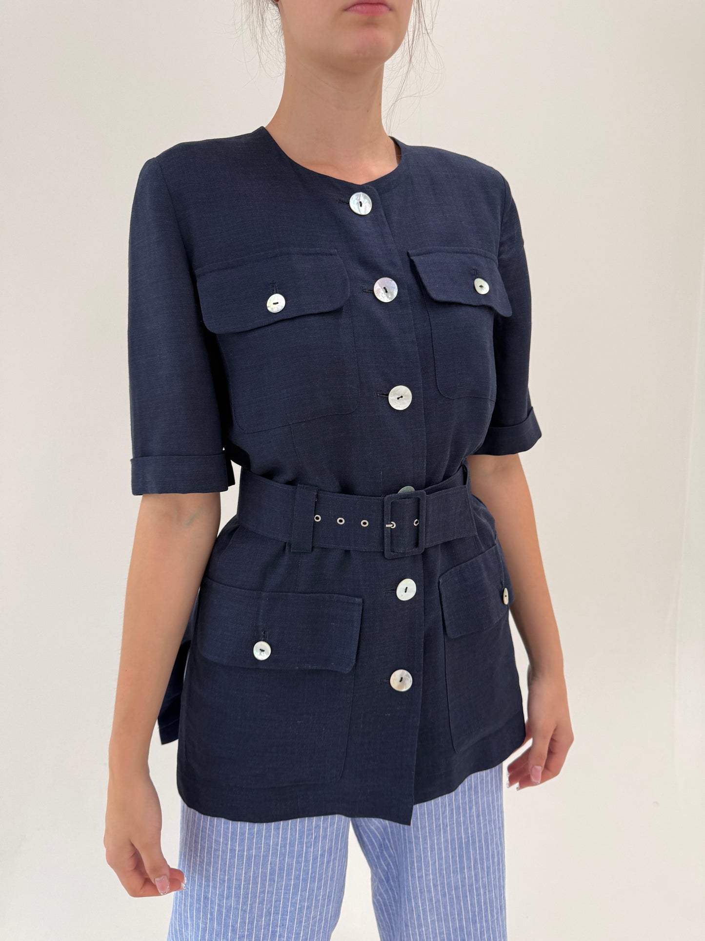 Jacheta din pânză navy blue cu talie marcată reglabilă