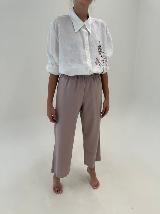 Pantaloni dusty pink in croi drept din pânză de in și vascoza cu talie ultra înaltă elastică