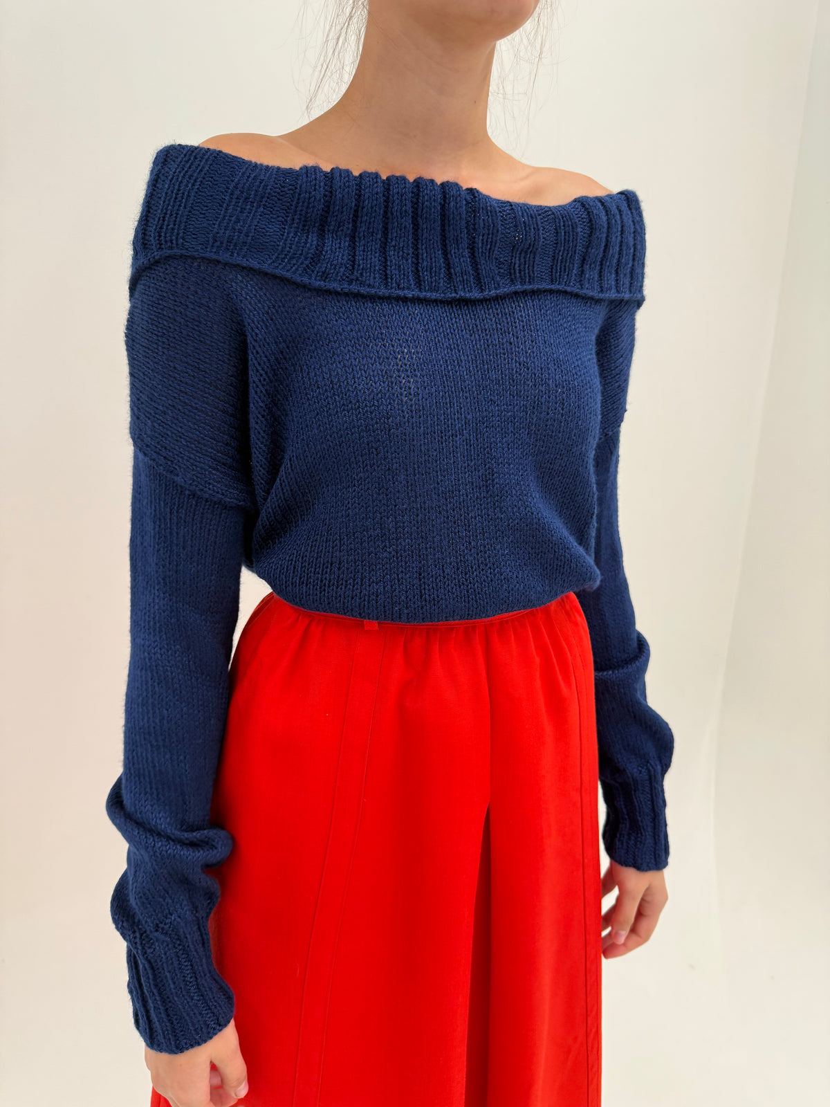 Pulover vintage cu fold-over Bardot neckline albastru cerneală