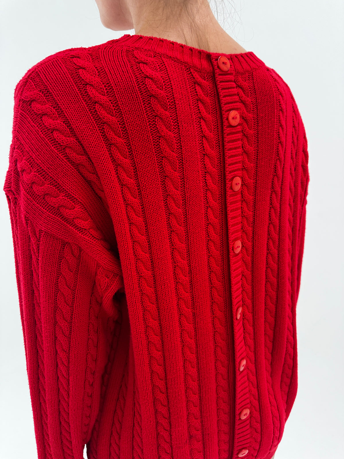 Pulover dark cherry red din bumbac gros de gramaj mare cu torsade