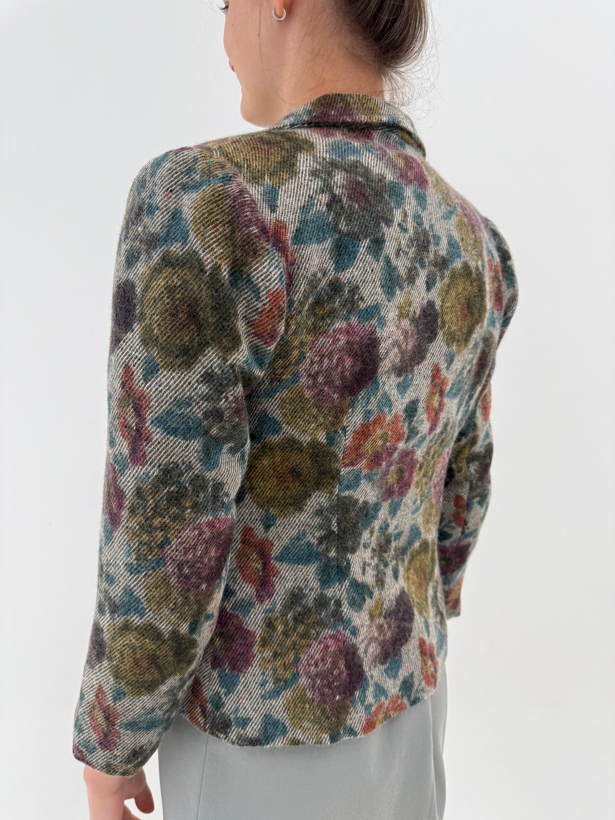 Sacou vintage petite cambrat din tweed de lana cu print floral superb