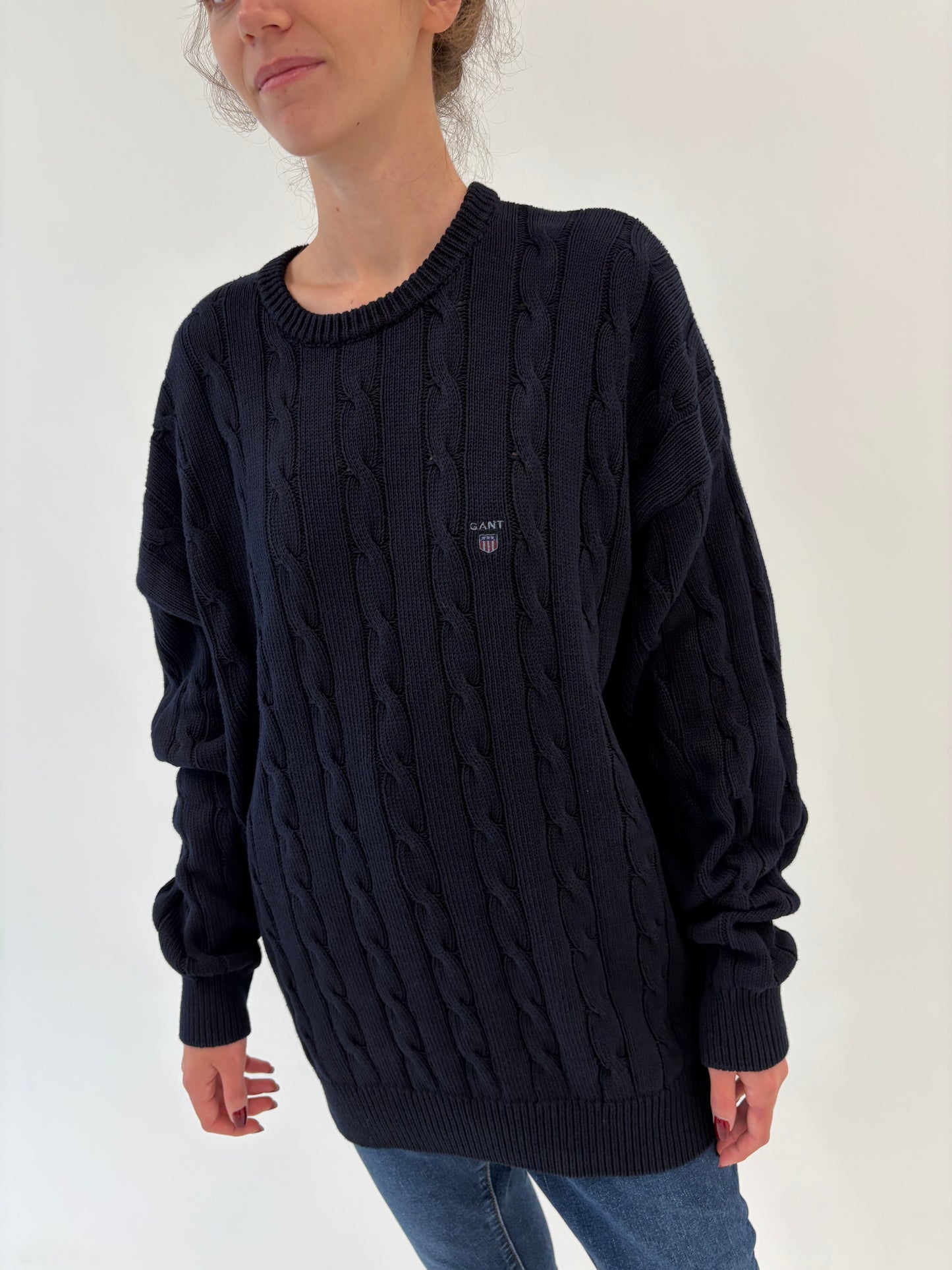 Pulover tall Gant dark Navy din bumbac de gramaj mare cu torsade