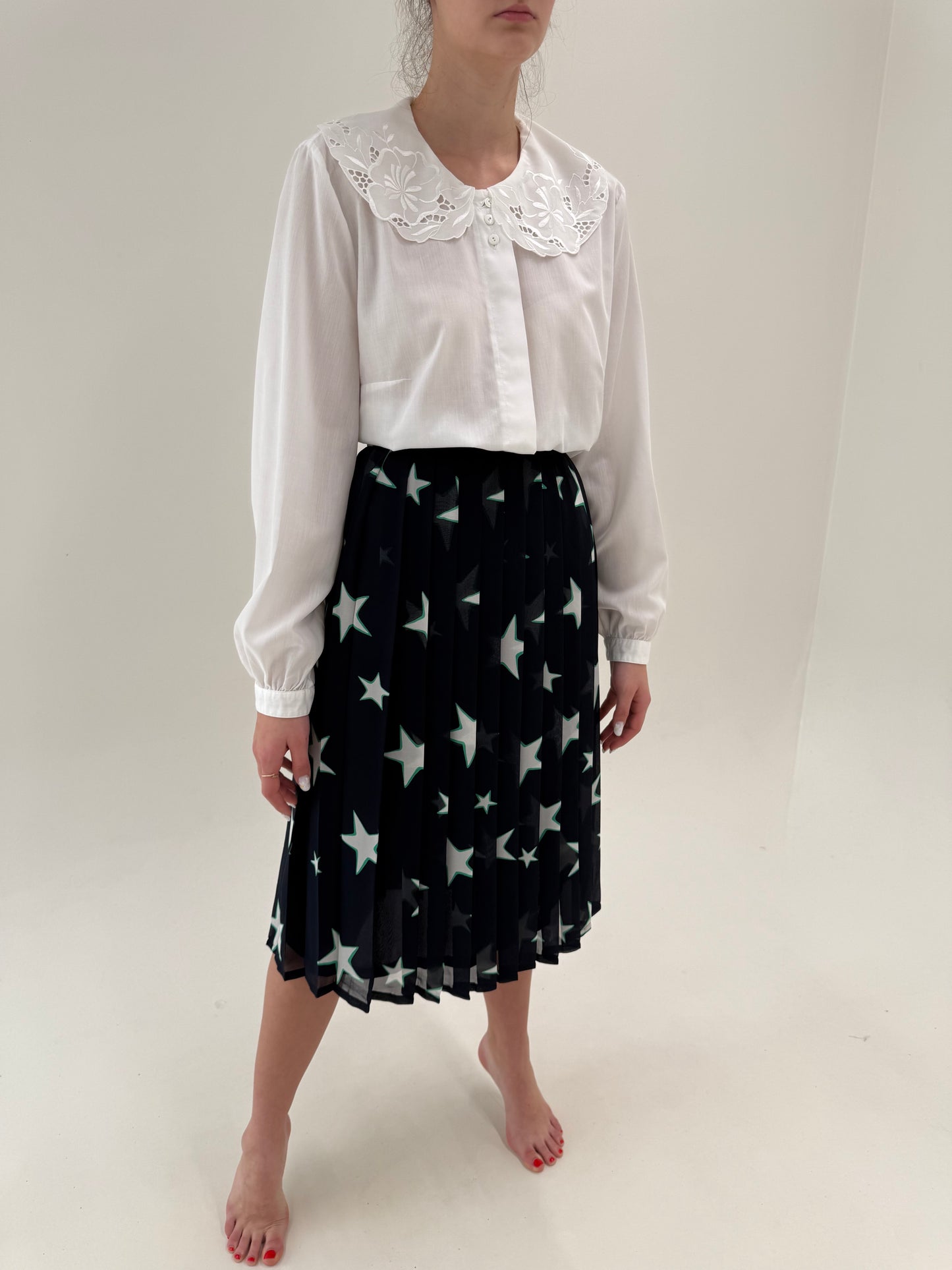 Fustă vintage plisată cu print și talie ultra înaltă elastică midi lung