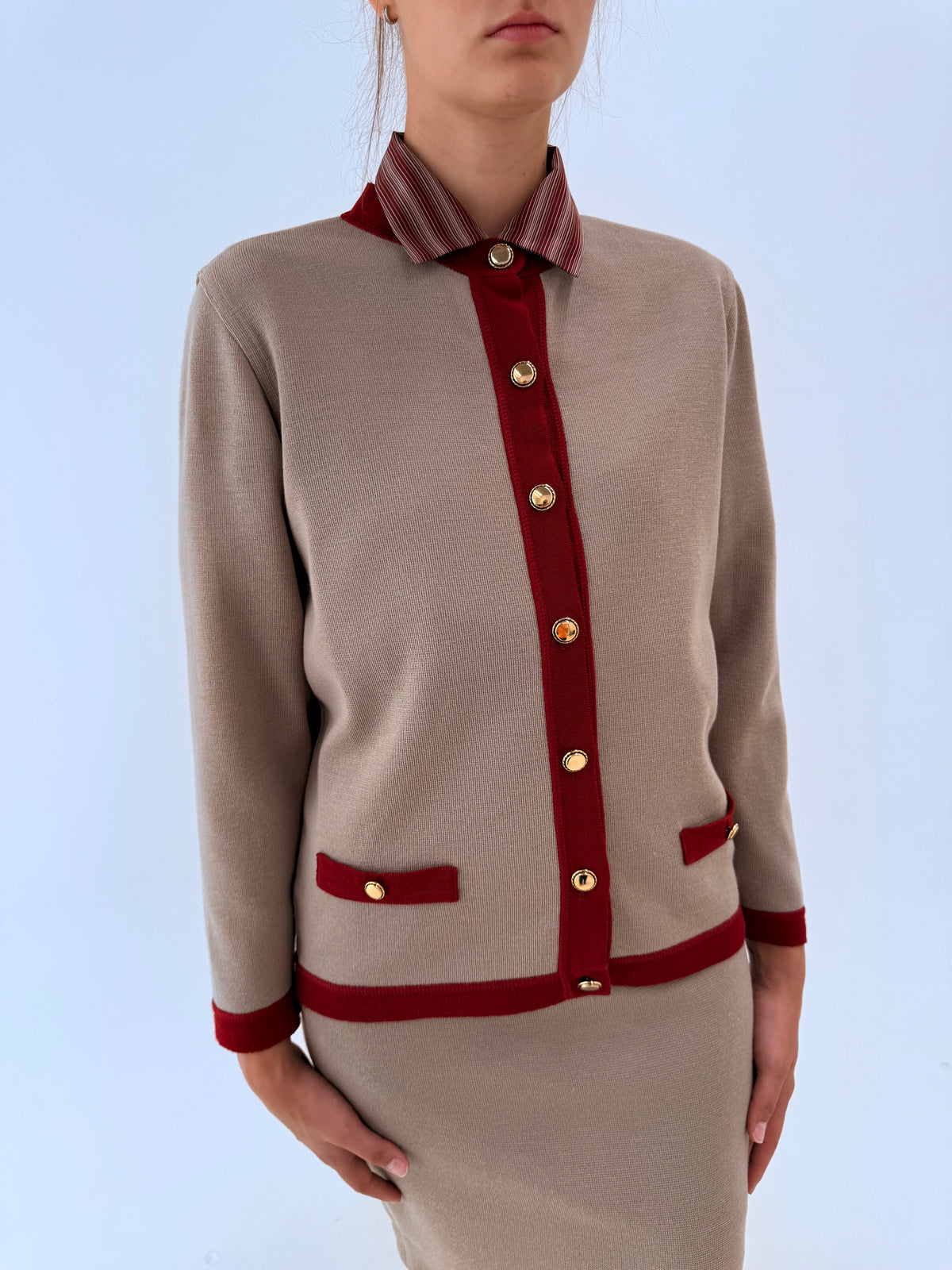 Set vintage în stil Chanel din lana extrafina și bumbac grej cu brick red