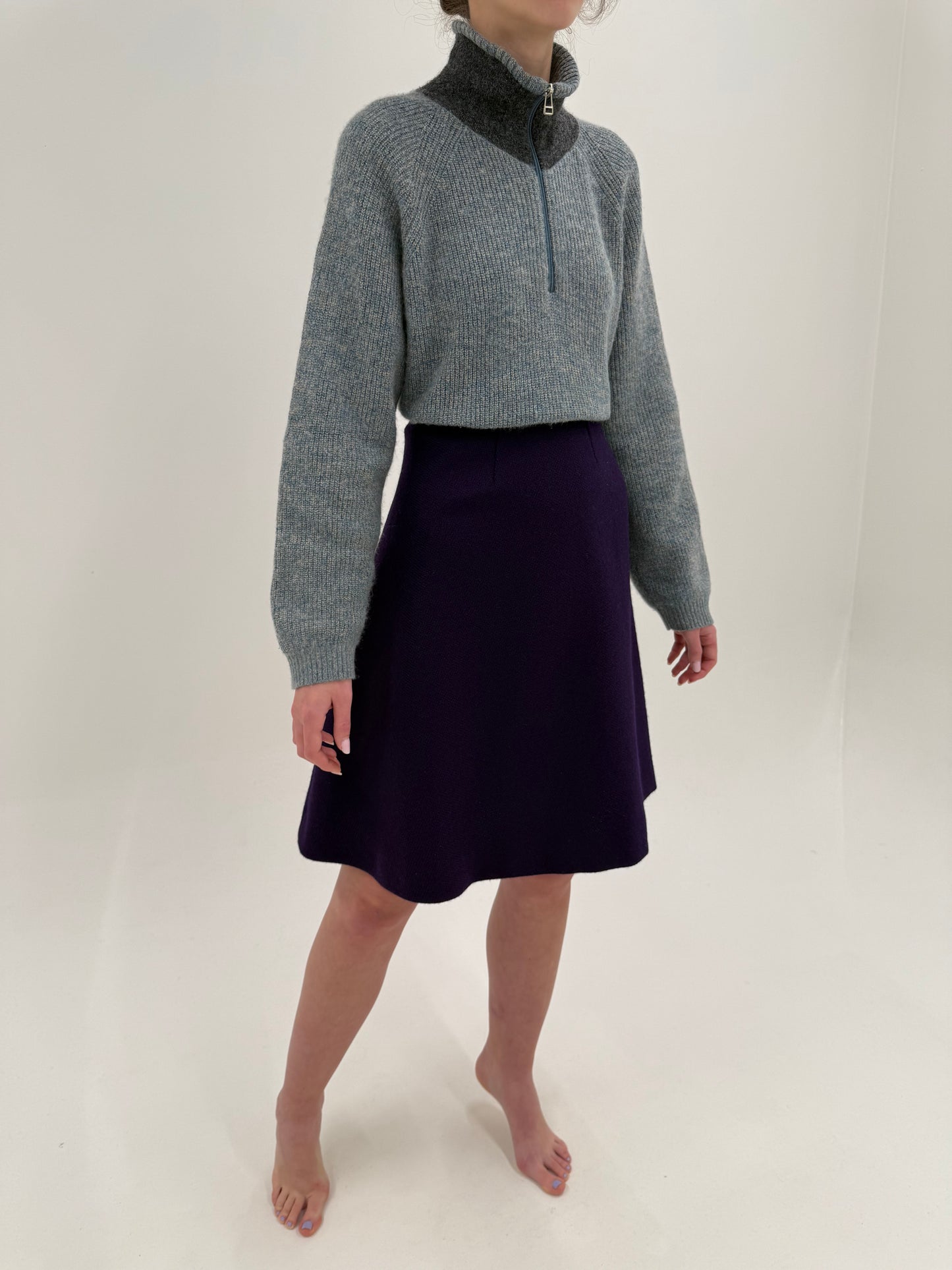 Fustă midi din lana plină extrafina eggplant purple cu talie ultra înaltă