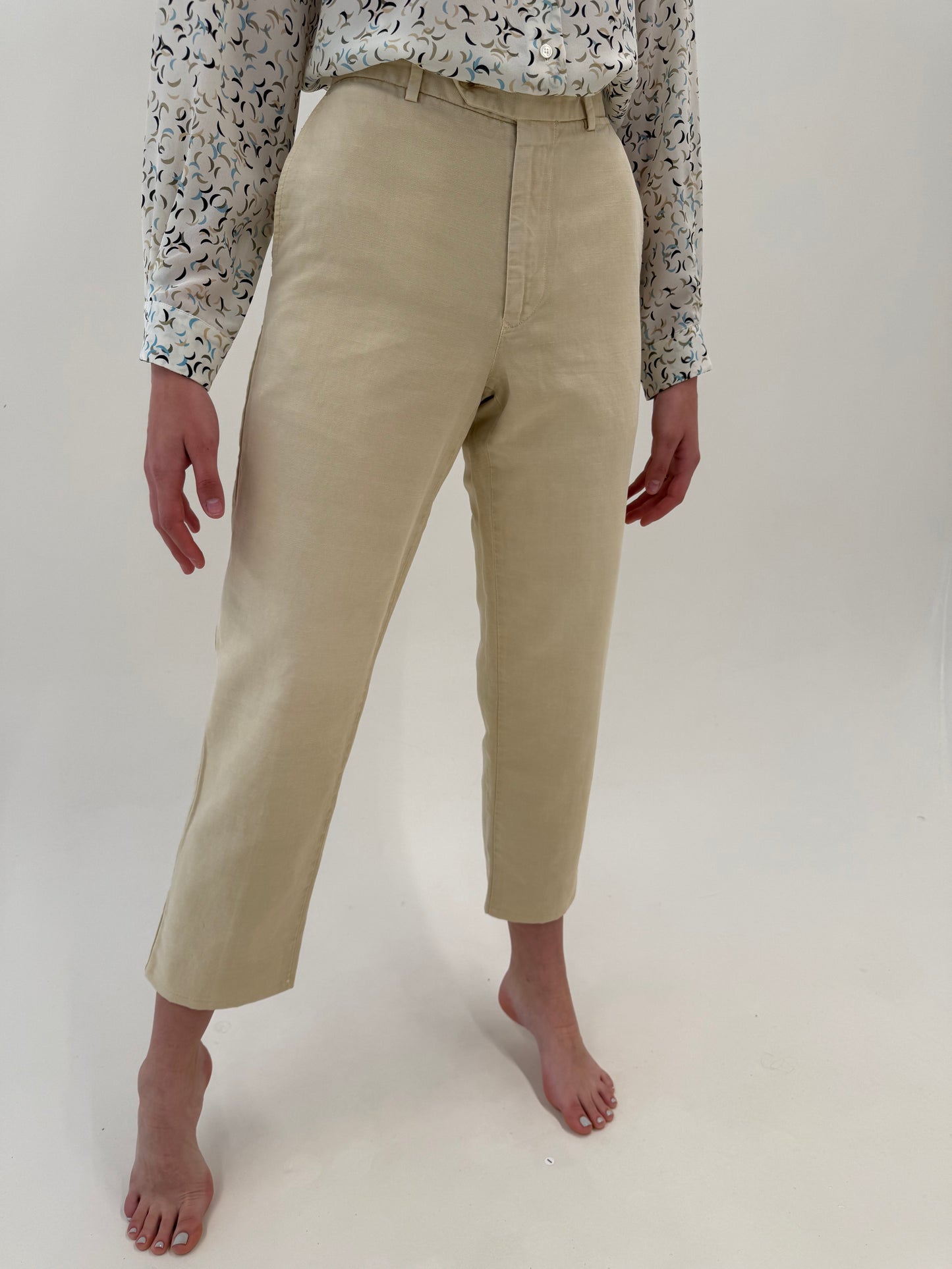 Pantaloni Burberry camel din pânză de in și bumbac în croi clasic