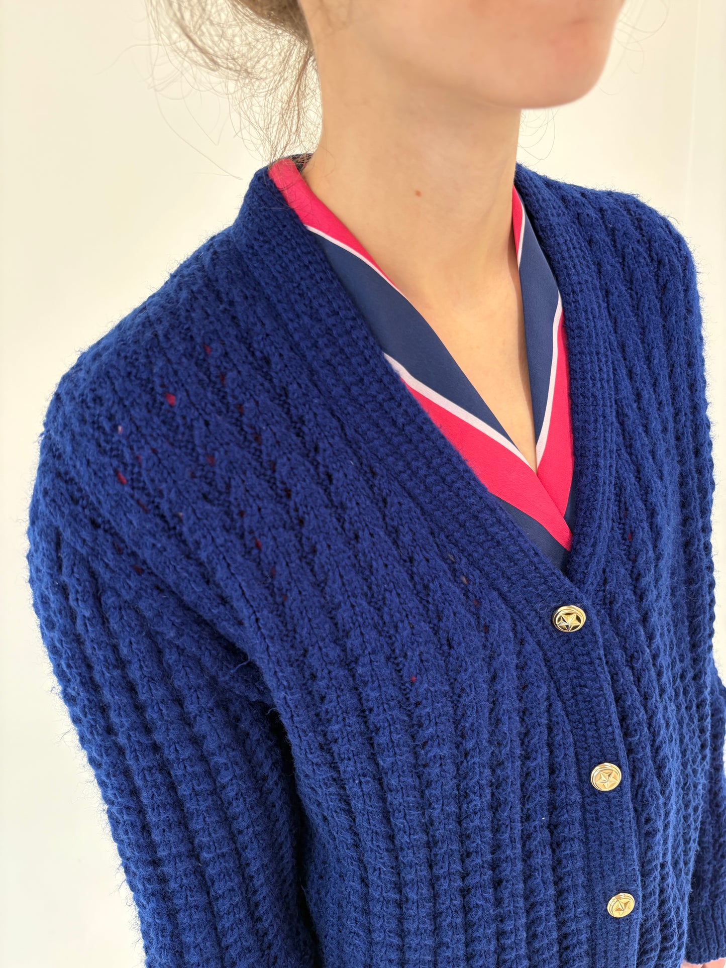 Cardigan vintage gros albastru cerneală din lana extrafina texturată