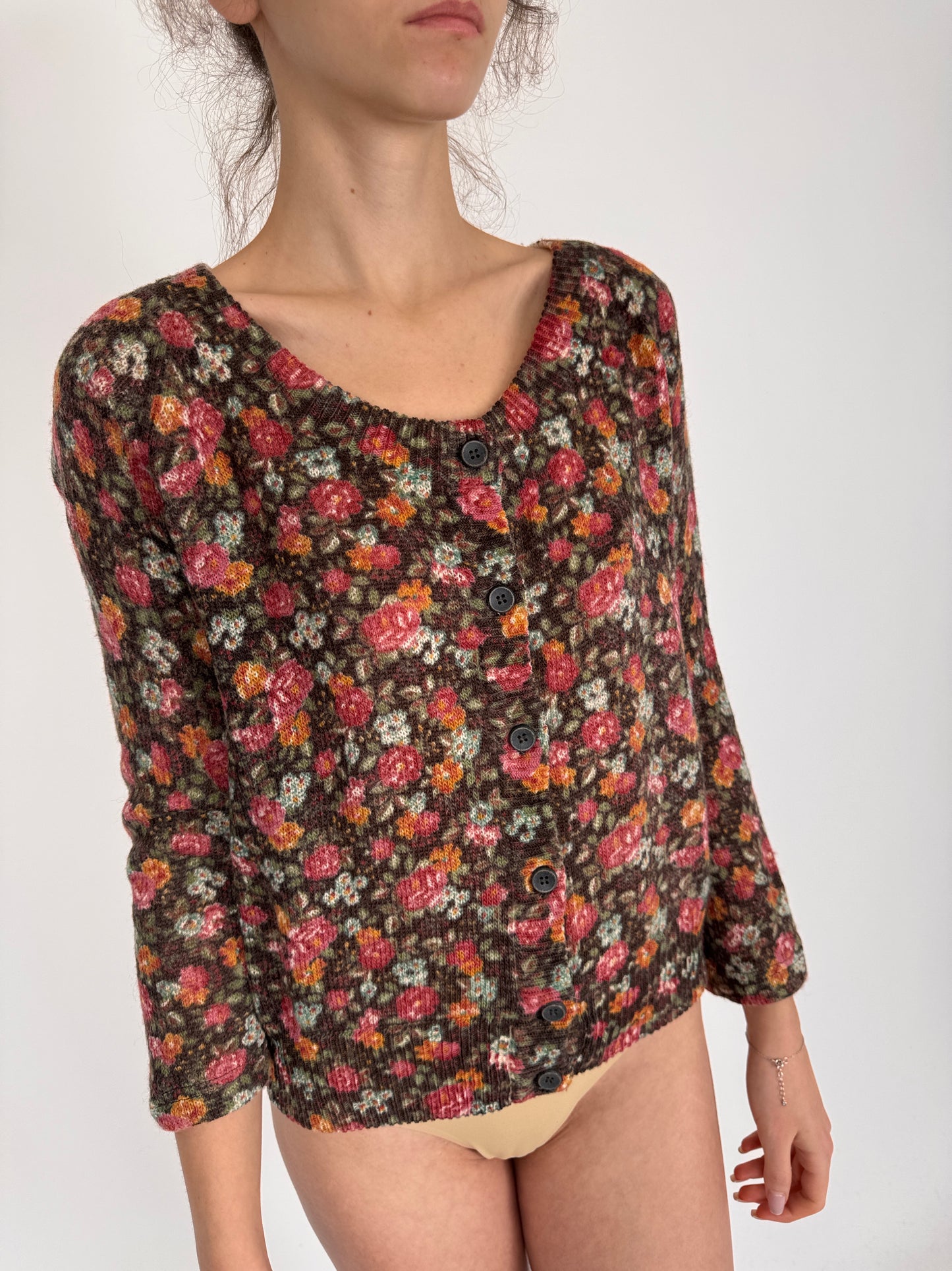 Cardigan dark chocolate cu print floral din lana extrafina