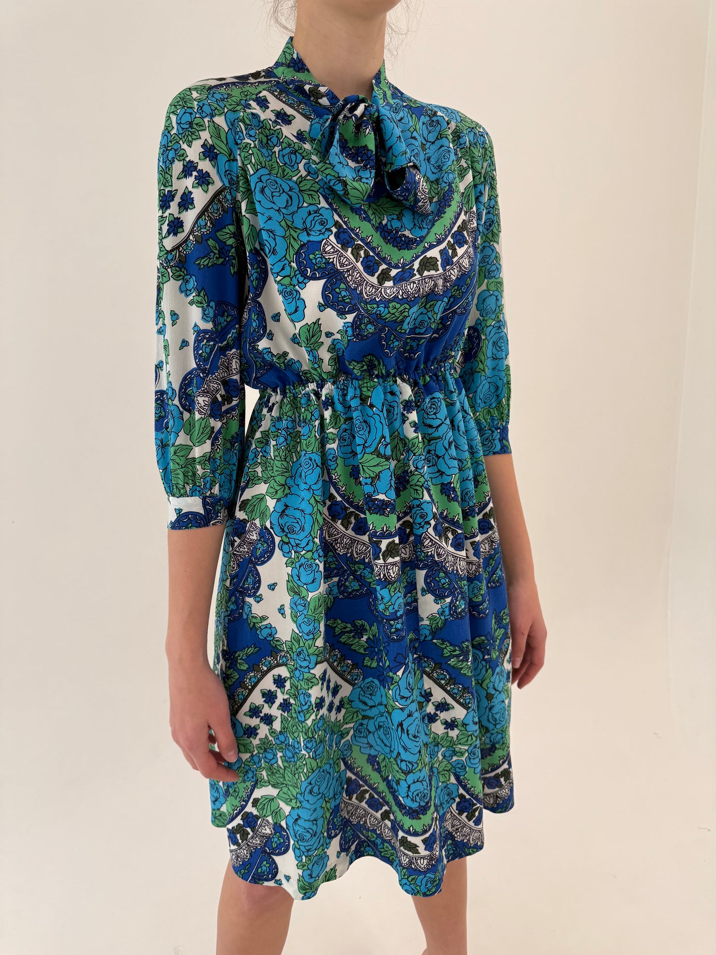 Rochie vintage din mătase naturală cu print superb și talie ultra înaltă elastică