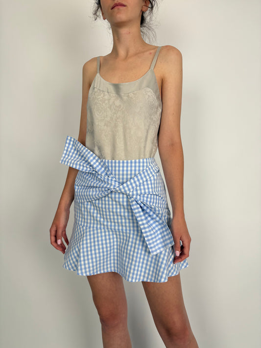Fustă gingham baby blue cu talie în croi chic