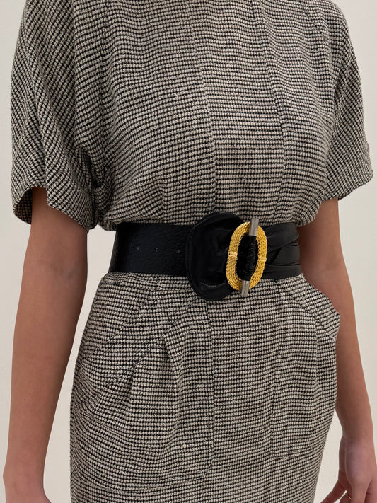 Centura vintage statement cu feronerie aurie+ argintie din piele naturală