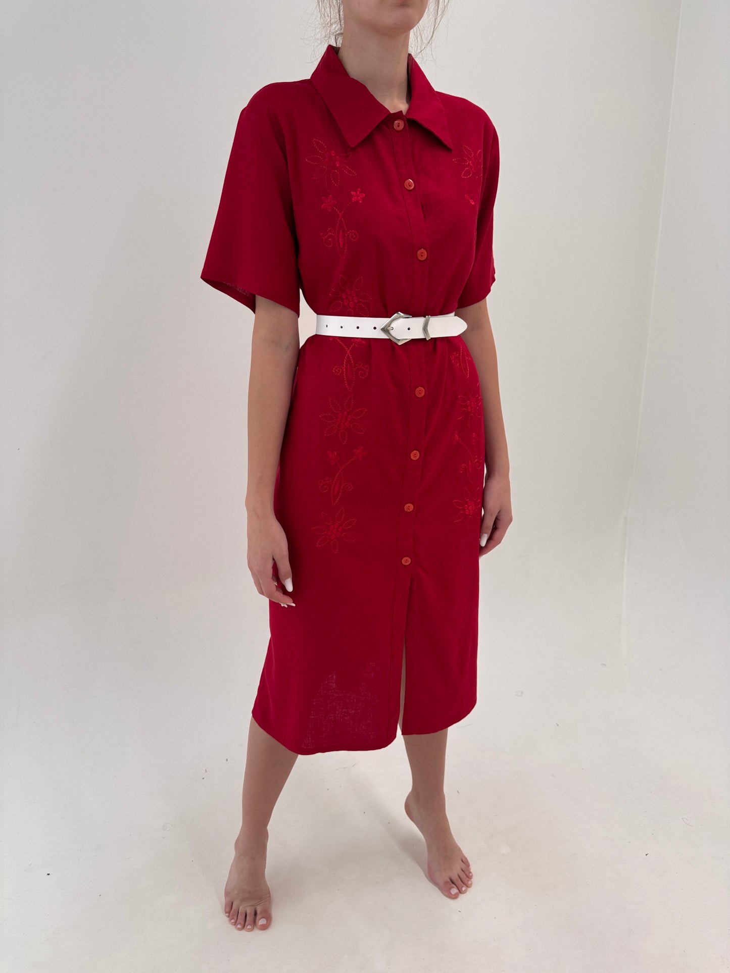 Robe chemise maxi dark cherry cu broderie din pânză premium de in și bumbac