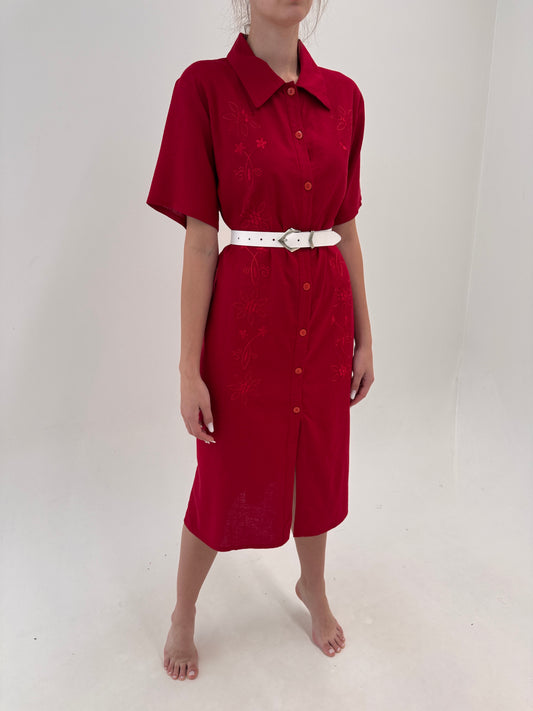 Robe chemise maxi dark cherry cu broderie din pânză premium de in și bumbac