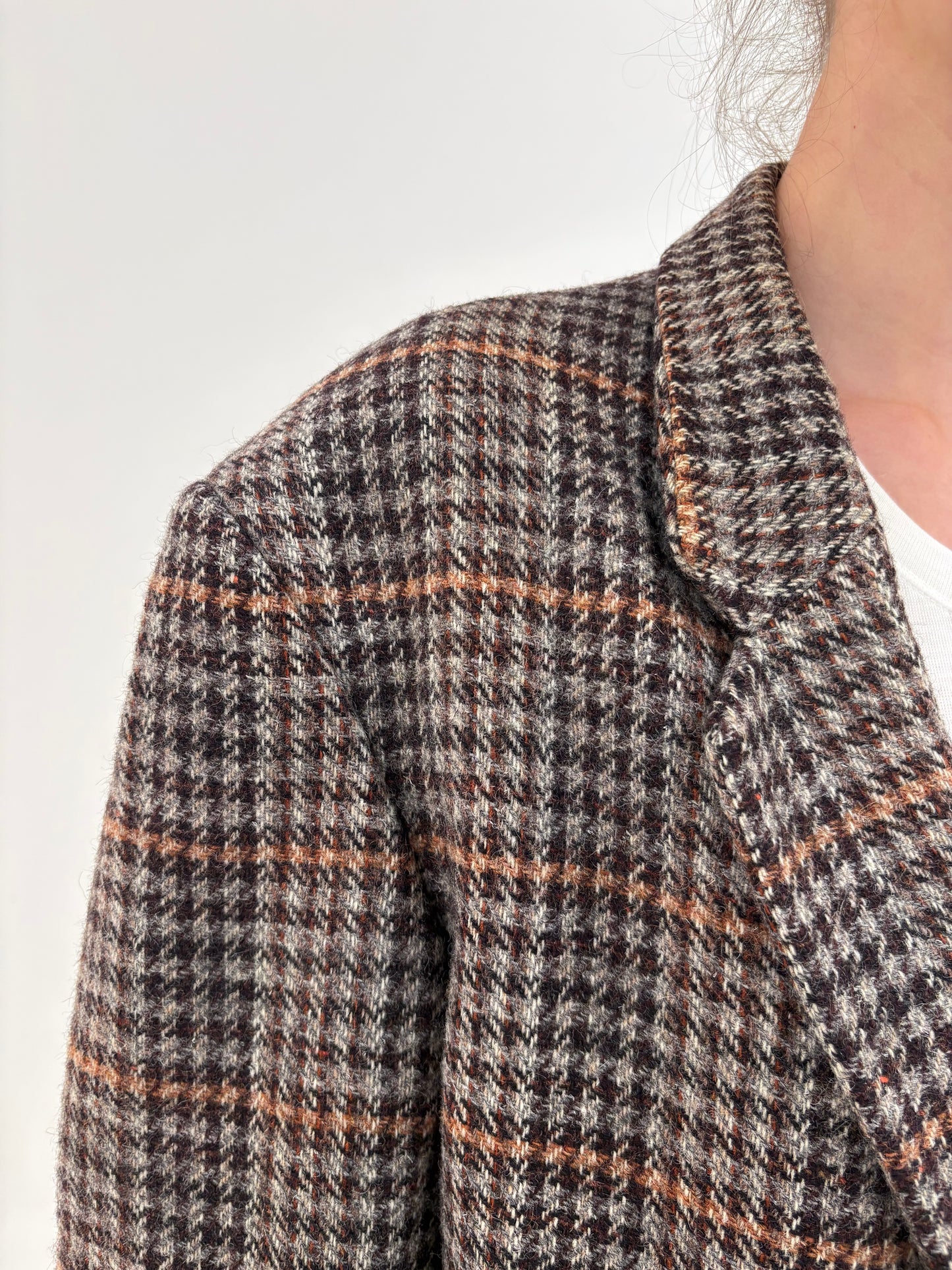 Sacou vintage în carouri din lana în croi lung oversized sau lejer