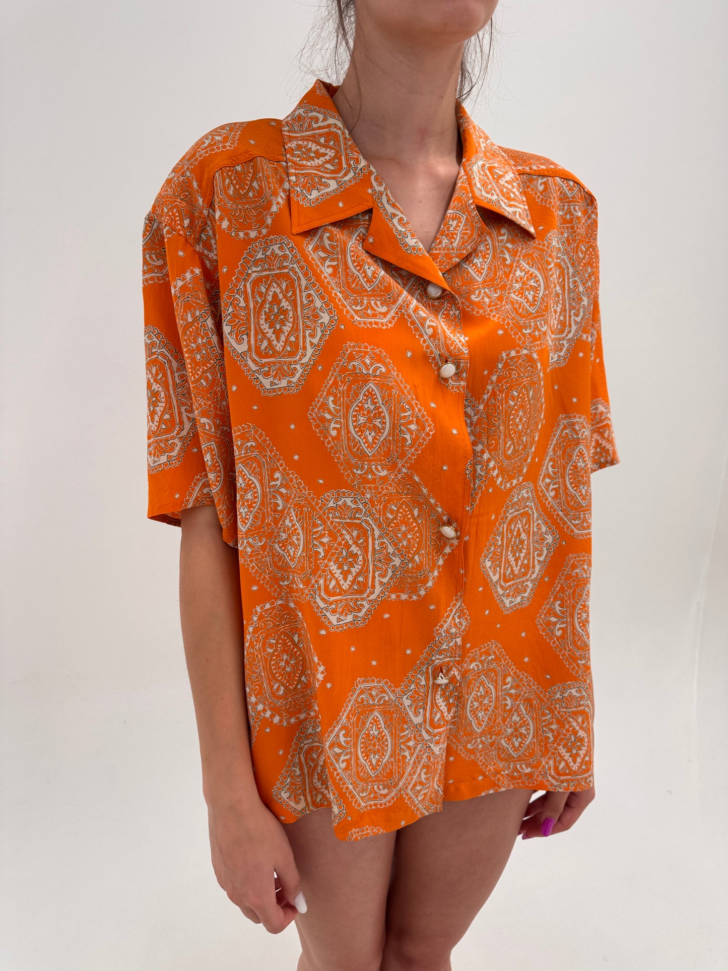 Cămașa vintage oranj cu print camel din twill excepțional de mătase naturală