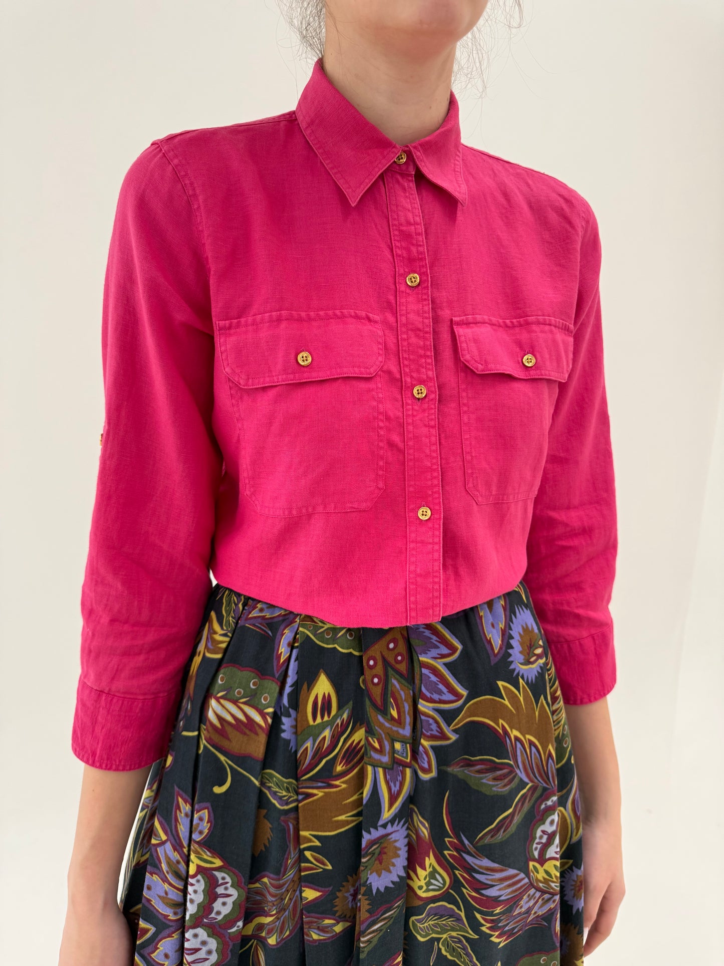 Cămașa fucsia Ralph Lauren din in cu mânecă 3/4
