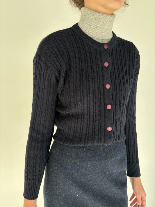 Cardigan cu torsade Navy blue din lana extrafina plină de gramaj mare