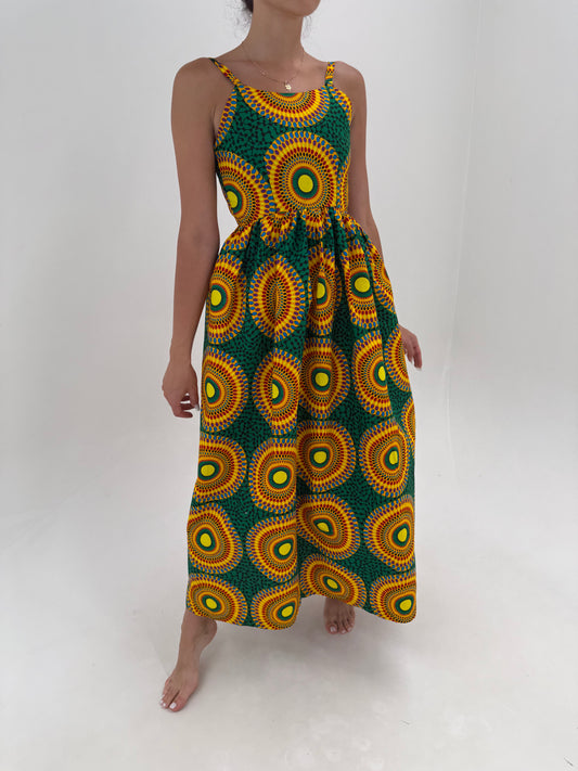 Rochie maxi cu corsaj din canvas de bumbac cu print manual în culori tari