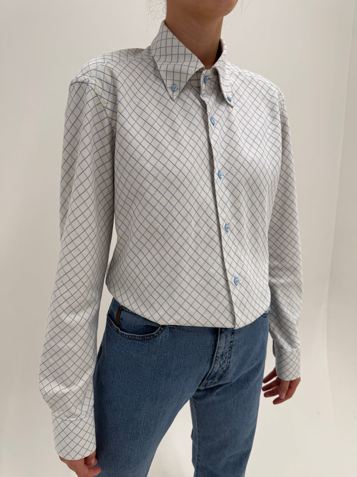 Cămașa luxury Rocco Barocco din bumbac gros basket weave în romburi baby blue