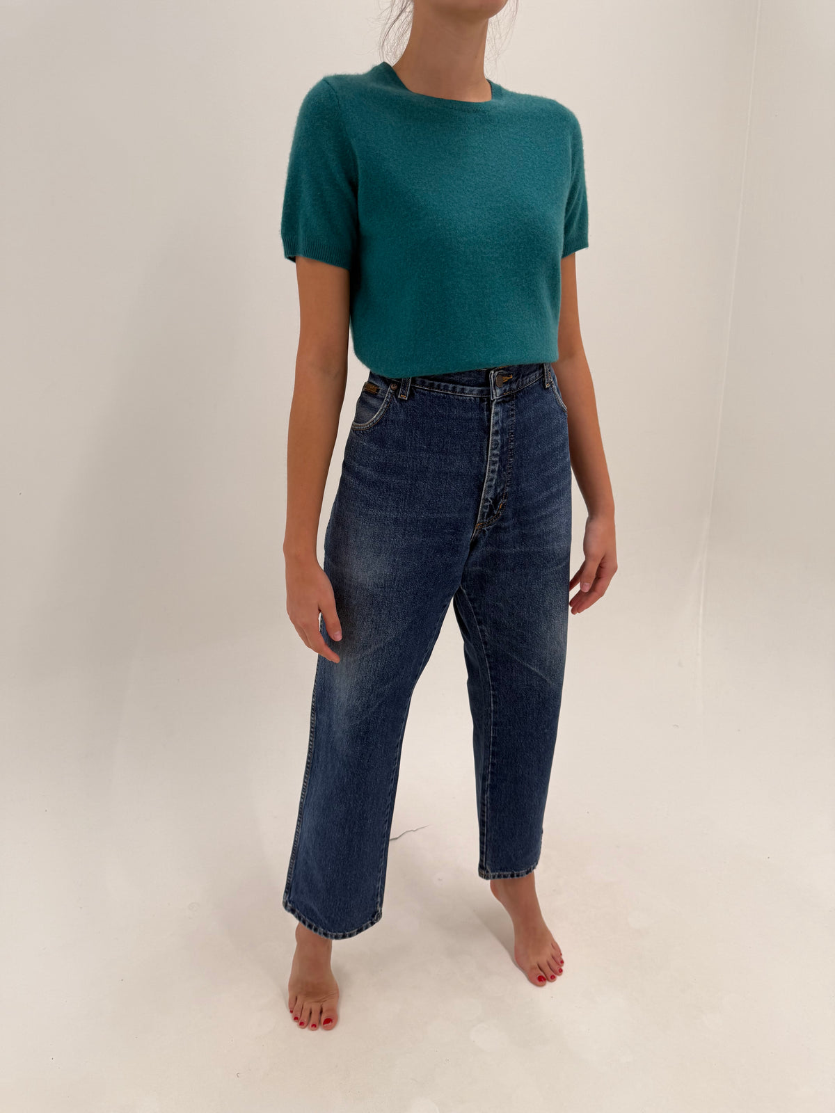 Jeans vintage premium din bumbac gros classic wash cu talie înaltă mai generoasă
