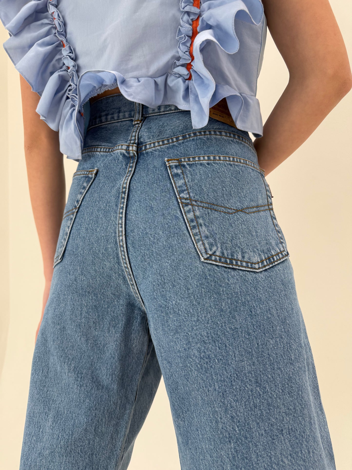 Jeans vintage premium petite mom fit classic wash cu talie înaltă