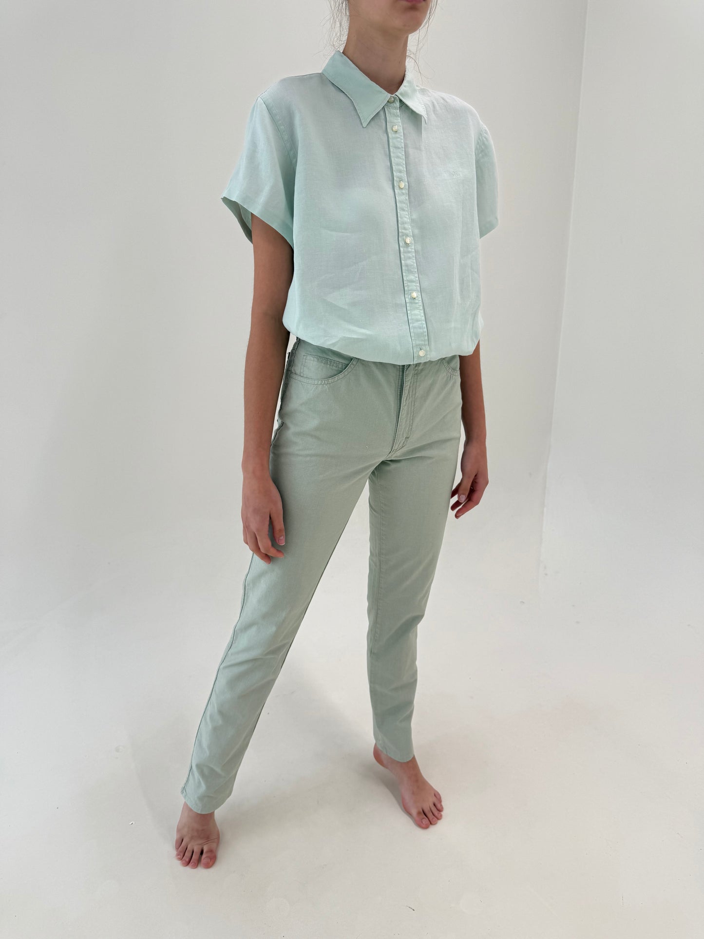 Pantaloni din pânză de in tall în croi de jeans dusty mint green