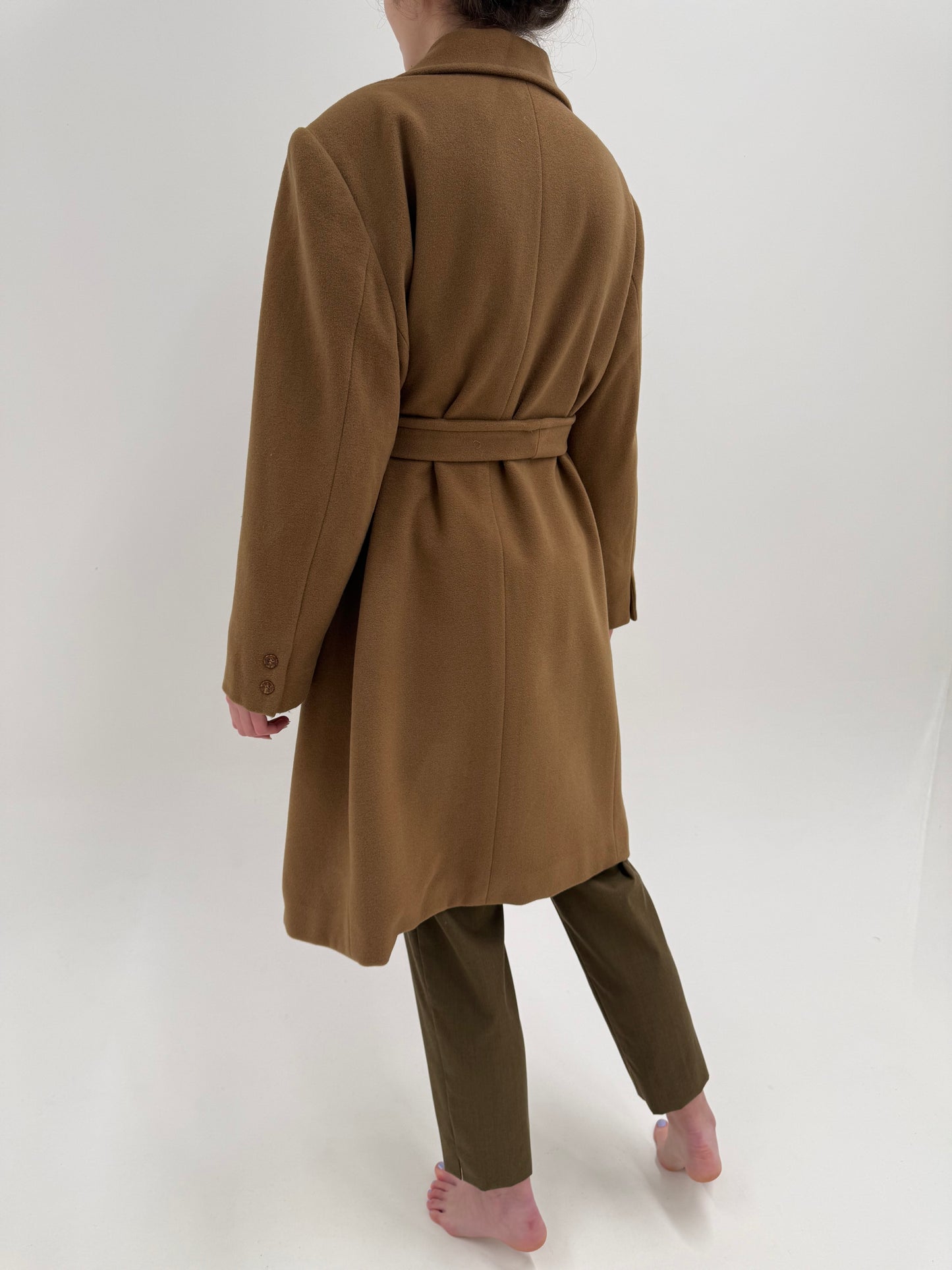 Palton plus size luxury italian camel cu cordon din lana extrafina